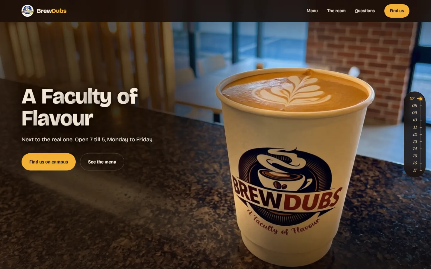 The BrewDubs website: a latte in a branded cup under the headline A Faculty of Flavour.